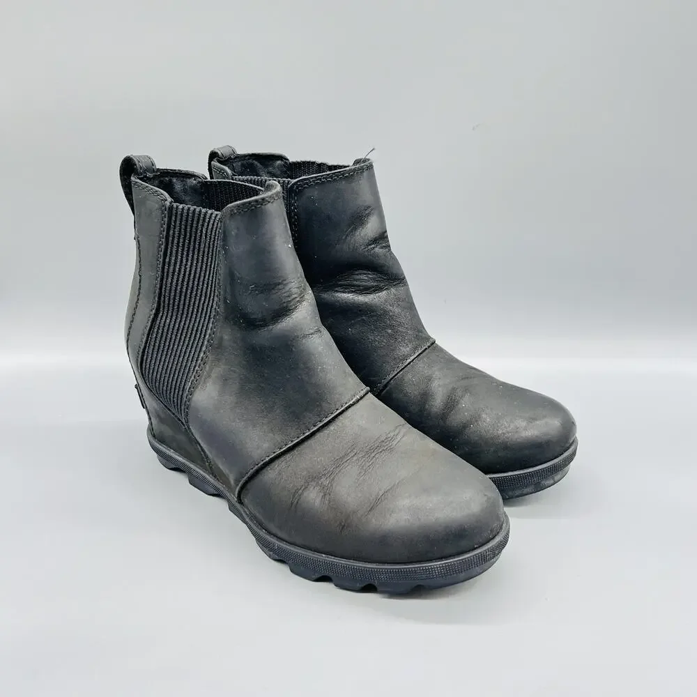 Sorel Boots Womens 8 Black Leather Joan of Arctic Wedge II Chelsea Ankle Shoes